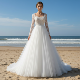 Gorgeous Square Neckline Wedding Dresses with Long Sleeves for Bride
