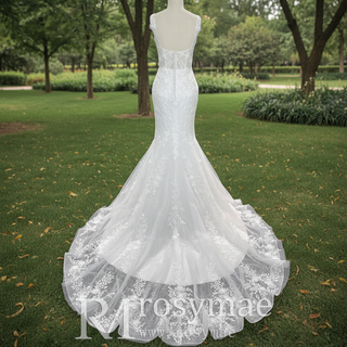 Elegant Trumpet Lace Square Neckline Wedding Dresses with Sheer Bodice