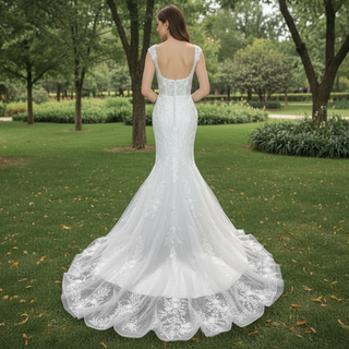 Elegant Trumpet Lace Square Neckline Wedding Dresses with Sheer Bodice