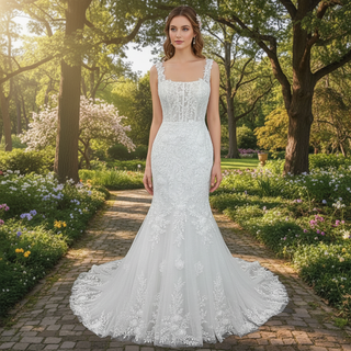 Elegant Trumpet Lace Square Neckline Wedding Dresses with Sheer Bodice