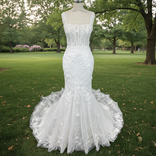 Elegant Trumpet Lace Square Neckline Wedding Dresses with Sheer Bodice