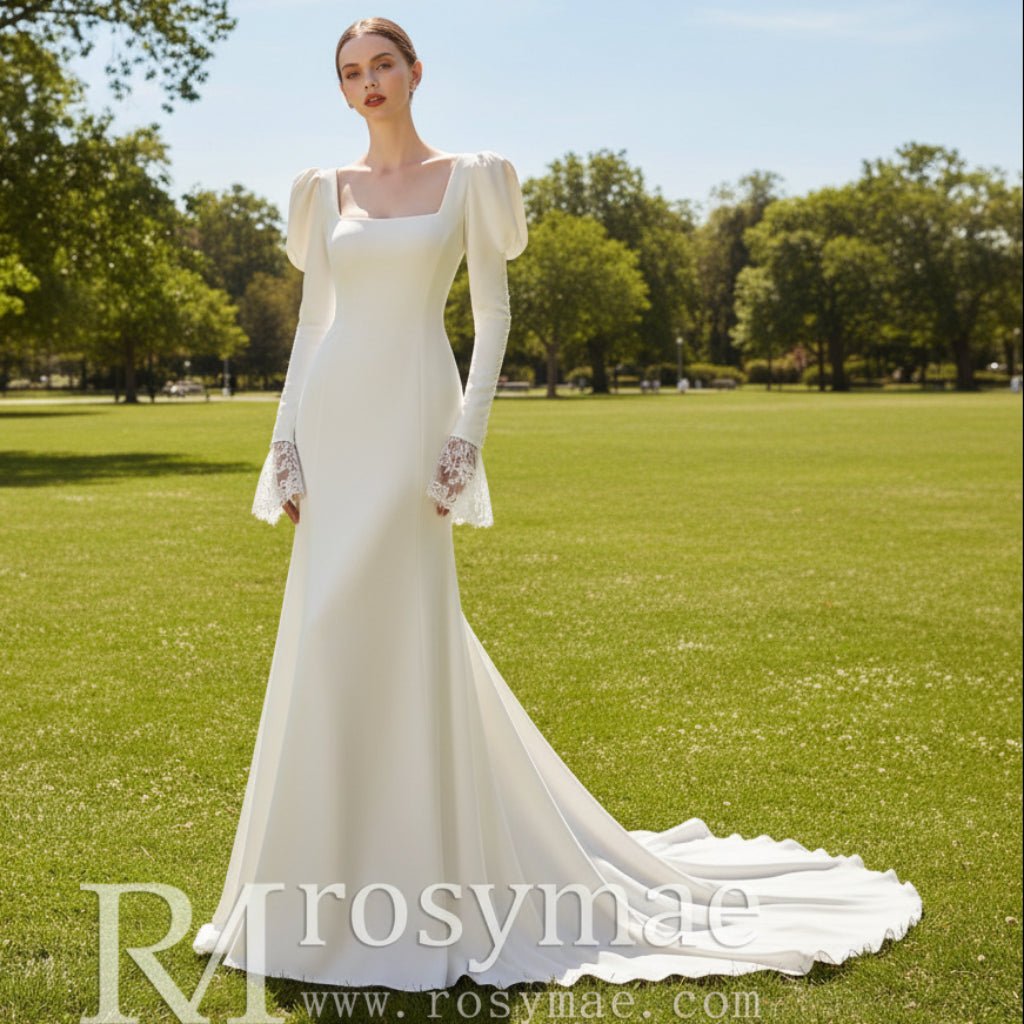 Square Neckline Fit Flare Wedding Dress with Lanter Sleeves - Rosymae
