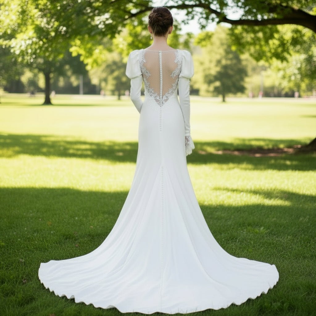 Square Neckline Fit Flare Wedding Dress with Lanter Sleeves - Rosymae