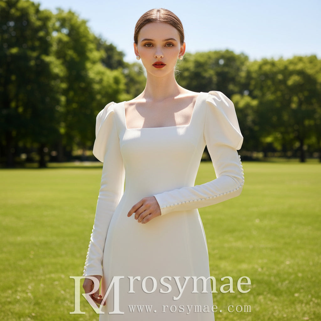 Square Neckline Fit Flare Wedding Dress with Lanter Sleeves Rosymae Square Neckline Fit Flare Wedding Dress with Lanter Sleeves Rosymae