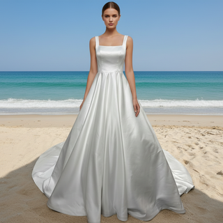 Elegant Simple Square-neck Satin A-line Wedding Dress with Wide Straps