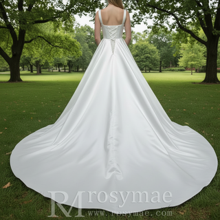 Elegant Simple Square-neck Satin A-line Wedding Dress with Wide Straps