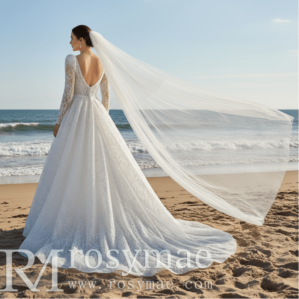 Square Neckline Sparkly A-line Wedding Dress with Long Sleeve - Rosymae