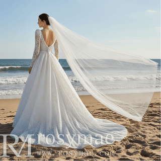 Square Neckline Sparkly A-line Wedding Dress with Long Sleeve - Rosymae