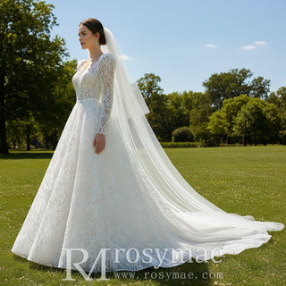 Square Neckline Sparkly A-line Wedding Dress with Long Sleeve - Rosymae