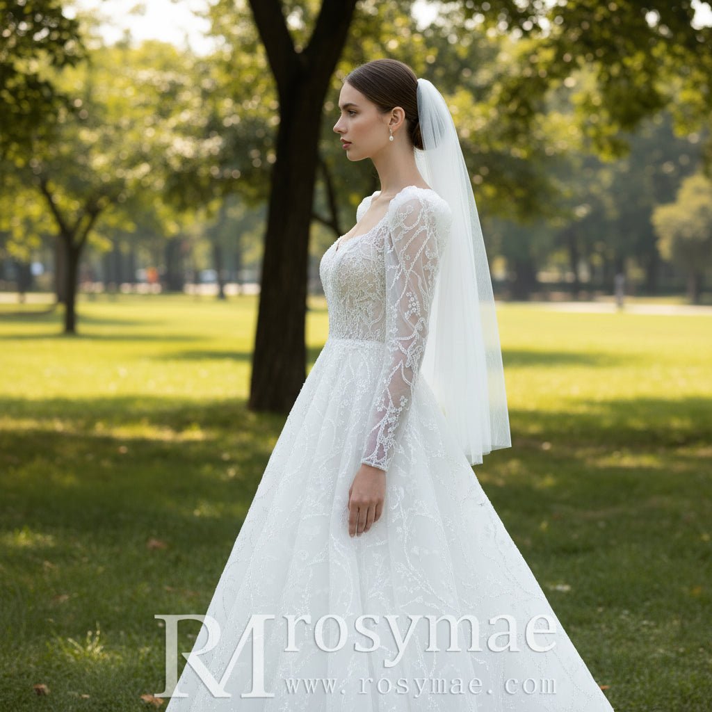 Square Neckline Sparkly A-line Wedding Dress with Long Sleeve - Rosymae