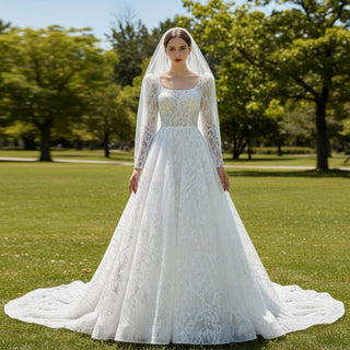Square Neckline Sparkly A-line Wedding Dress with Long Sleeve - Rosymae