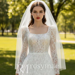Square Neckline Sparkly A-line Wedding Dress with Long Sleeve - Rosymae