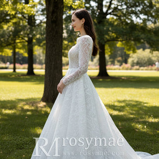 Square Neckline Sparkly A-line Wedding Dress with Long Sleeve - Rosymae