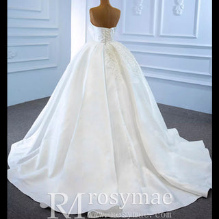 Straight Neck Ball Gown Wedding Dress with Pearls Satin Bridal Gown - Rosymae