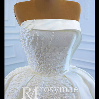 Straight Neck Ball Gown Wedding Dress with Pearls Satin Bridal Gown - Rosymae