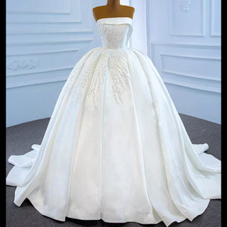 Straight Neck Ball Gown Wedding Dress with Pearls Satin Bridal Gown - Rosymae