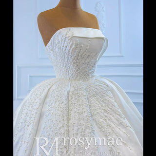 Straight Neck Ball Gown Wedding Dress with Pearls Satin Bridal Gown - Rosymae