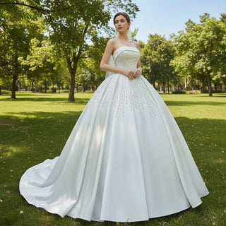 Straight Neck Ball Gown Wedding Dress with Pearls Satin Bridal Gown - Rosymae