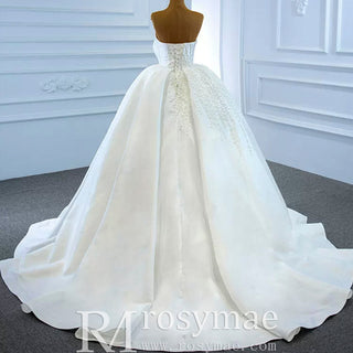 Straight Neck Ball Gown Wedding Dress with Pearls Satin Bridal Gown - Rosymae