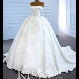 Straight Neck Ball Gown Wedding Dress with Pearls Satin Bridal Gown - Rosymae