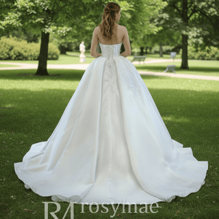 Straight Neck Ball Gown Wedding Dress with Pearls Satin Bridal Gown - Rosymae