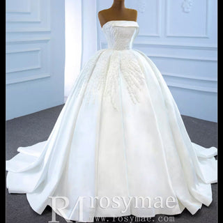 Straight Neck Ball Gown Wedding Dress with Pearls Satin Bridal Gown - Rosymae
