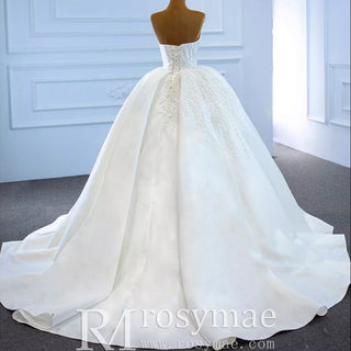 Straight Neck Ball Gown Wedding Dress with Pearls Satin Bridal Gown - Rosymae