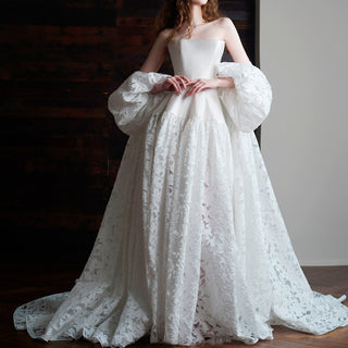 Boat Neck Satin and Sheer Lace Wedding Dress with Cape