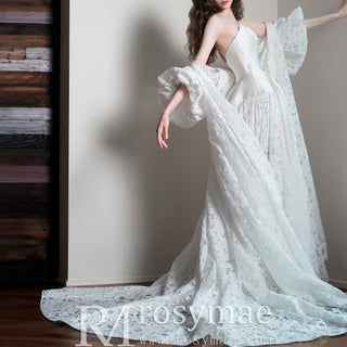 Boat Neck Satin and Sheer Lace Wedding Dress with Cape