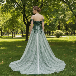 Strapless Long Dark Green Sparkly Formal Prom Dress with Lace Appliqued