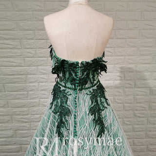 Strapless Long Dark Green Sparkly Formal Prom Dress with Lace Appliqued