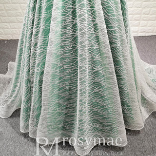 Strapless Long Dark Green Sparkly Formal Prom Dress with Lace Appliqued