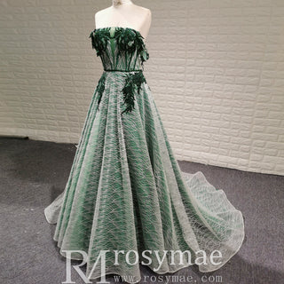 Strapless Long Dark Green Sparkly Formal Prom Dress with Lace Appliqued