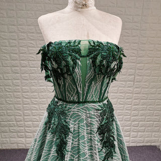 Strapless Long Dark Green Sparkly Formal Prom Dress with Lace Appliqued