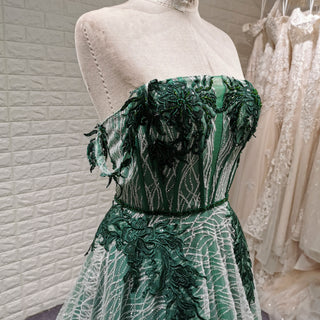 Strapless Long Dark Green Sparkly Formal Prom Dress with Lace Appliqued