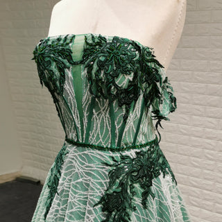 Strapless Long Dark Green Sparkly Formal Prom Dress with Lace Appliqued