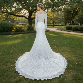 Women's Floral Lace Long Sleeve Off Shoulder Wedding Mermaid Dress