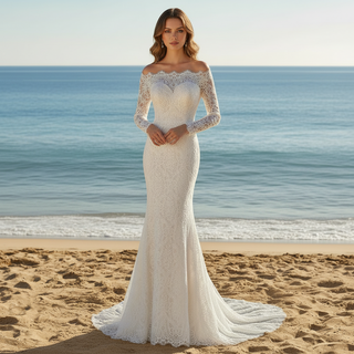 Women's Floral Lace Long Sleeve Off Shoulder Wedding Mermaid Dress
