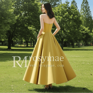 Straight Neckline Mid Calf Satin A-line Gold Wedding Dress - Rosymae