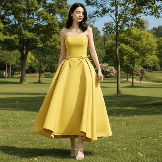 Straight Neckline Mid Calf Satin A-line Gold Wedding Dress - Rosymae