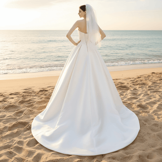 Straight Neckline Plain Satin Wedding Dresses & Bridal Gowns - Rosymae