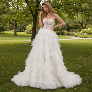 Sheer Bodice Curve Ballgown Ruched Tulle Wedding Dress