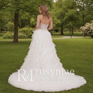 Sheer Bodice Curve Ballgown Ruched Tulle Wedding Dress