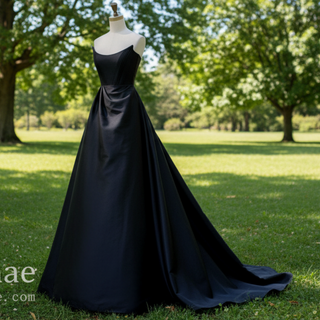Scoop Neck A-line Black Wedding Dress Bridal Gown with Leg Slit