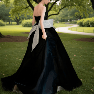 Strapless A-line Black Wedding Dress with Bowknot Waistline - Rosymae