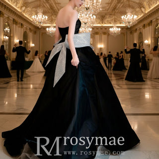 Strapless A-line Black Wedding Dress with Bowknot Waistline - Rosymae