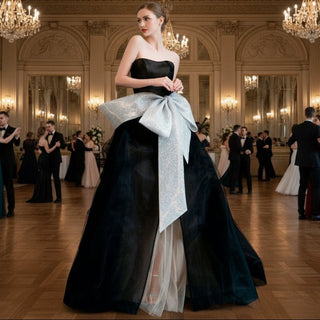 Strapless A-line Black Wedding Dress with Bowknot Waistline - Rosymae