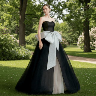 Strapless A-line Black Wedding Dress with Bowknot Waistline - Rosymae
