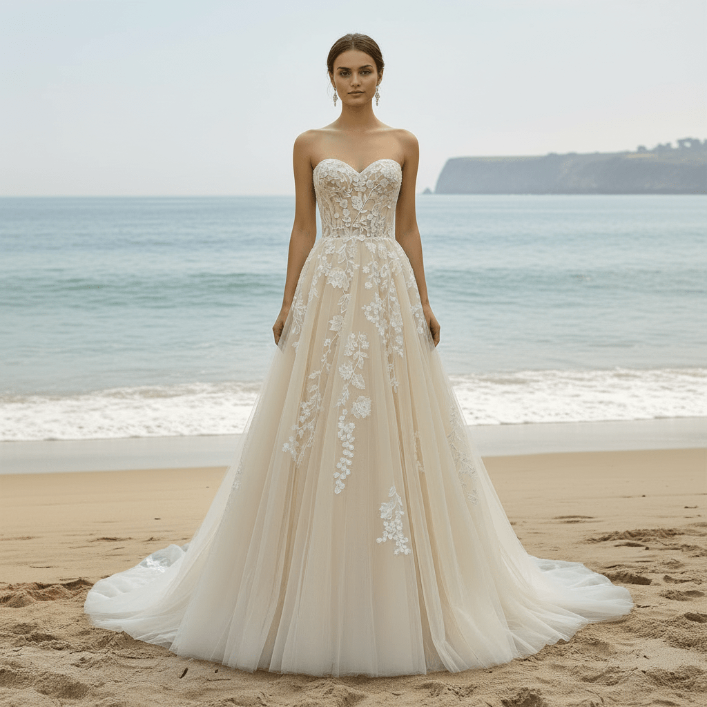 Strapless A-line Champagne Tulle Lace Wedding Dress with Sweetheart - Rosymae