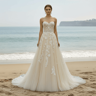 Strapless A-line Champagne Tulle Lace Wedding Dress with Sweetheart - Rosymae